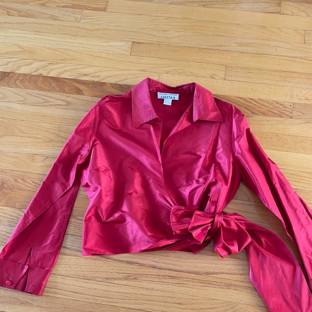 Red, 100% silk, wrap blouse with bow detail.